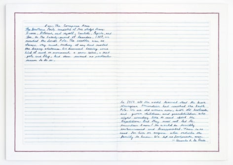 Elaine Reichek  The Southern Party (Le Guin), 2016&ndash;17  hand embroidery on linen  26 x 36 3/4 inches