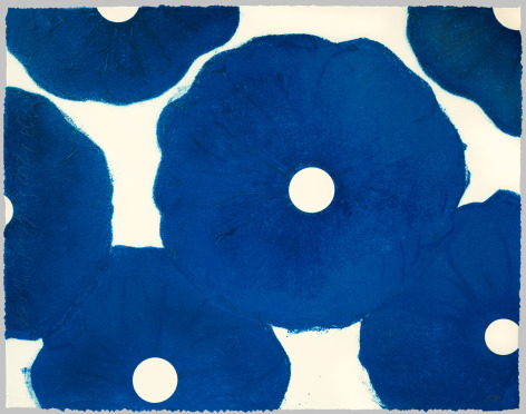 Donald Sultan Six Blue Poppies, 2021, 2023 color silkscreen with enamel inks, flocking, and over printed flocking on Somerset 500 gsm Satin Radiant White with deckle edges 30 x 38 inches Edition 10 of 60