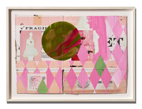 Shane Tolbert Romance, 2021 acrylic, ink, color pencil, postcard on found material paper: 18 x 25 1/2 inches