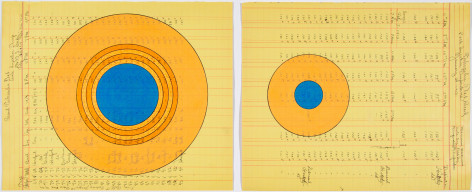 Terran Last Gun Magnificent Presence Nearby, 2025 ink and colored pencil on diptych antique ledger sheets (dated 1913) paper size combined: 9 7/8 x 24 inches