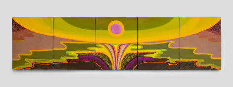 Bruna Massadas Canal #5, 2025 acrylic and oil stick on linen 20 x 80 inches (five 20 x 16 inch panels)
