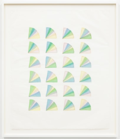 Elaine Reichek Fan Factorial #5, 1977 organdy sewn to Kozoshi paper canvas: 31 x 26 1/2 inches