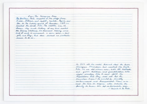 Elaine Reichek The Southern Party (Le Guin), 2016-17 hand embroidery on linen 26 x 36 3/4 inches