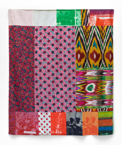 Robert Rauschenberg  Samarkand Stitches I, 1988  screen print and fabric collage  75 x 63 inches  Edition 8 of 59