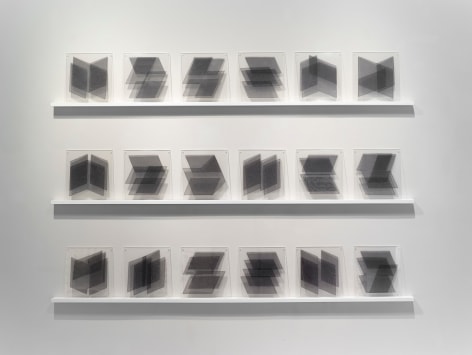 Elaine Reichek Parallelograms, 1977 organdy and thread, sandwiched between Plexiglas object: 18 units, each 14 x 13 inches overall: 91 x 100 x 2 3/4 inches