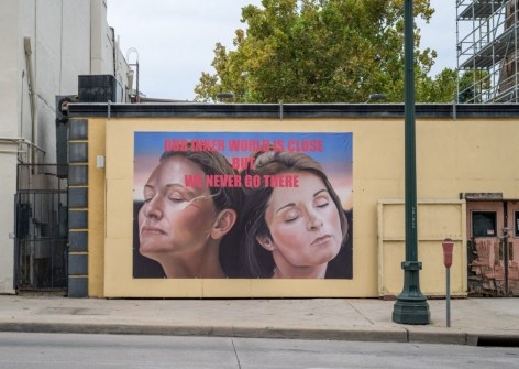 Kelli Vance&rsquo;s inkjet on vinyl banner installed in downtown Houston, 2017.  Banner based on the painting &lsquo;Our Inner World Is Close But We Never Go There&rsquo; 2017.