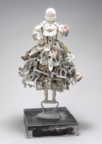 Karin Broker Always Sorry Girl, 2020 porcelain, SAD iron, beads, paint, miscellaneous items, wire, steel base 28 1/2 x 15 x 14 inches