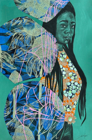 Delita Martin Garden by Moonlight, 2024 signed recto, lower right relief printing, charcoal, acrylic, printed papers, hand stitching 60 x 40 inches