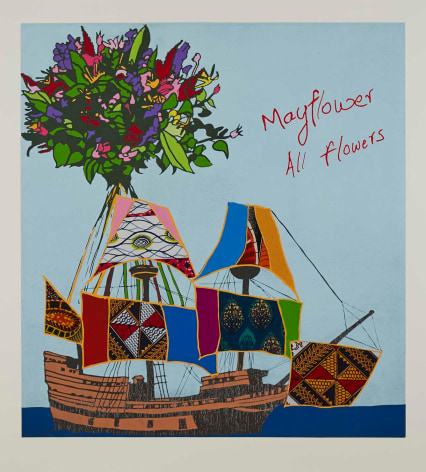 Yinka Shonibare  Mayflower All Flowers, 2020  relief print with woodblock and fabric collage on Somerset Tub Sized Satin 410gsm paper  paper: 43 7/8 x 40 1/2 inches  image: 38 1/8 x 35 1/4 inches  Edition of 50  signed and numbered recto, in pencil