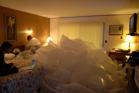 Nick Vaughan Jake Margolin Spiritus: 20 Hours of Fox News Read into Bags as a Volume of Breath, 2011 clear plastic bags, breath, panorama motel (Granville, NY), 2 minute video loop, photographs dimensions variable