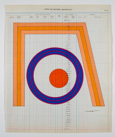 Terran Last Gun Supreme Futuristic Knowledge Awaits, 2022 Ink and colored pencil on antique &ldquo;City of Butte, Montana, Auditor&rsquo;s Register of Treasurer&rsquo;s Disbursements&rdquo; ledger sheet (dated 1920); Watermark: Triumph Linen Ledger, Minneapolis Paper Co., Minneapolis, Minnesota. paper: 16 3/4 x 13 7/8 inches frame: 19 1/4 x 16 3/8 inches
