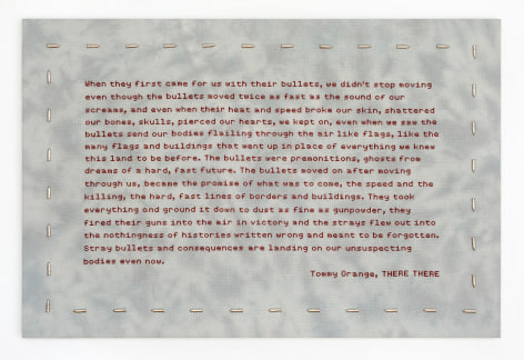 Elaine Reichek When They First Came for Us, 2019 hand embroidery with nailhead studs on linen 28 x 42 inches