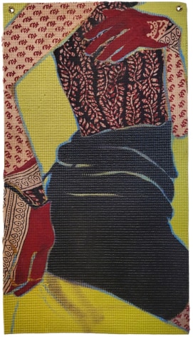 Preetika Rajgariah Fans Only #8, 2021 heirloom Sari and paint on Yoga Mat with grommets 21 1/2 x 12 inches