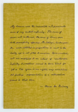 Elaine Reichek My Dreams (Thomas de Quincey), 2017 hand embroidery on linen 21 3/4 x 14 3/4 inches