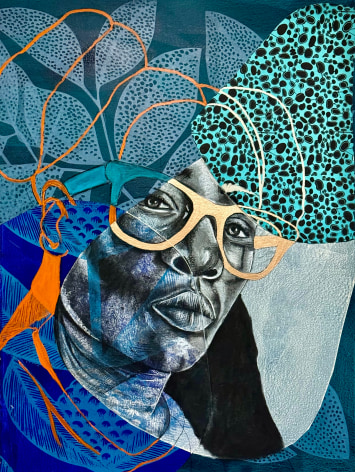 Delita Martin Star Twin I (Roman numeral 1), 2024 relief printing, charcoal, acrylic, printed papers, liquid gold leaf 30 x 40 inches