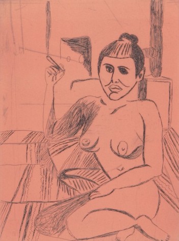 Tal R  Girl Smoking (#3 from series of 12), 2014  line etching on somerset 400 gr.  image: 7 3/4 x 7 1/8 inches  paper: 17 1/8 x 14 1/2 inches  frame: 1 8 3/4 x 16 1/2 inches  6, Edition of 24
