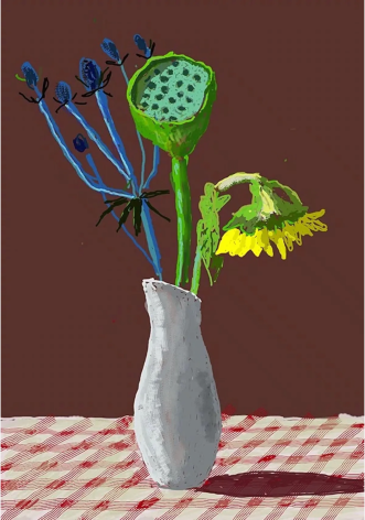 David Hockney 19th March 2021, Sunflower with Exotic Flower, 2021 iPad painting printed on paper paper: 35 x 25 inches frame: 36 7/8 x 26 7/8 inches Edition 38 of 50