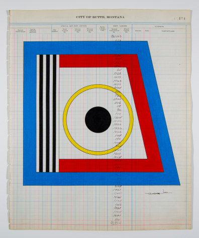 Terran Last Gun Unusual Chroma Site, 2022 Ink and colored pencil on antique &ldquo;City of Butte, Montana, Auditor&rsquo;s Register of Treasurer&rsquo;s Disbursements&rdquo; ledger sheet (dated 1920); Watermark: Triumph Linen Ledger, Minneapolis Paper Co., Minneapolis, Minnesota. paper: 16 3/4 x 13 7/8 inches frame: 19 1/4 x 16 3/8 inches