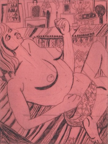 Tal R  Girl Smoking (#12 from series of 12), 2014  line etching on somerset 400 gr.  image: 7 3/4 x 7 1/8 inches  paper: 17 1/8 x 14 1/2 inches  frame: 18 3/4 x 16 1/2 inches  6, Edition of 24