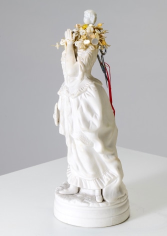 Karin Broker Snippy girl, 2022 porcelain, scissors, buttons, wire, ribbon 13 1/4 x 5 x 5 inches