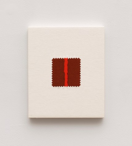 Elaine Reichek,  Swatch, Newman, 2006,  digital embroidery on linen,  12 x 10 inches,  edition of 3
