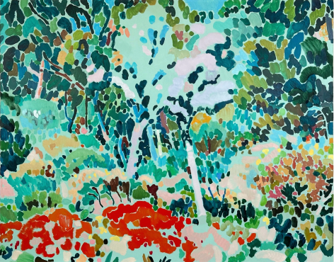 Tim Braden Colouring Garden (blues on green), 2024 oil on canvas 59 5/8 x 74 7/8 inches