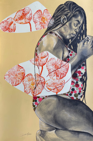 Delita Martin A Study of Self, 2024 acrylic, charcoal, relief printing, decorative paper, hand stitching paper: 60 x 40 inches frame: 64 1/2 x 44 inches (DEM-13)