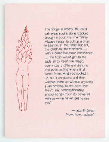 Elaine Reichek The Fridge is Empty (Louise Bourgeois), 2019 hand embroidery on linen 21 1/2 x 16 inches