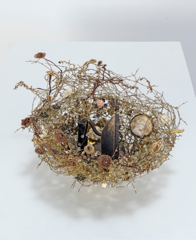 Karin Broker Nesting young nest, 2020 SAD iron, Victorian hair, crystals, wire 6 x 9 x 9 inches