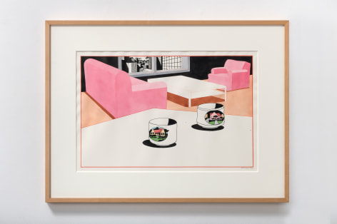 Ken Price Untitled (Interior with 2 cups with house), 1990 signed and dated lower right watercolor, ink, and pencil on paper 15 5/8 x 23 &frac34; inches