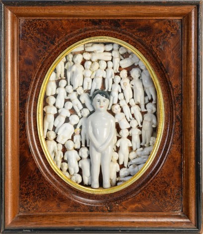 Karin Broker Woody, 2022 ceramic, thread in Victorian shadow box 12 1/2 x 14 1/4 x 3 3/4 inches