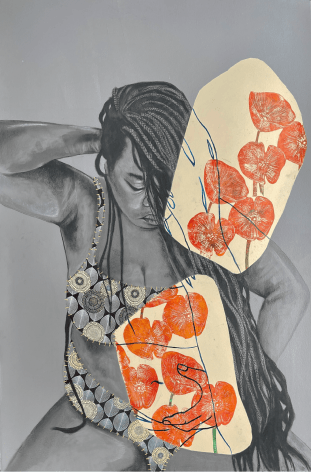Delita Martin Living In Truth, 2024 acrylic, charcoal, relief printing, decorative paper, hand stitching paper: 60 x 40 inches frame: 65 1/8 x 45 1/8 inches (DEM-12)