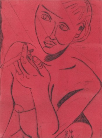 Tal R  Girl Smoking (#11 from series of 12), 2014  line etching on somerset 400 gr.  image: 7 3/4 x 7 1/8 inches  paper: 17 1/8 x 14 1/2 inches  frame: 18 3/4 x 16 1/2 inches  6, Edition of 24