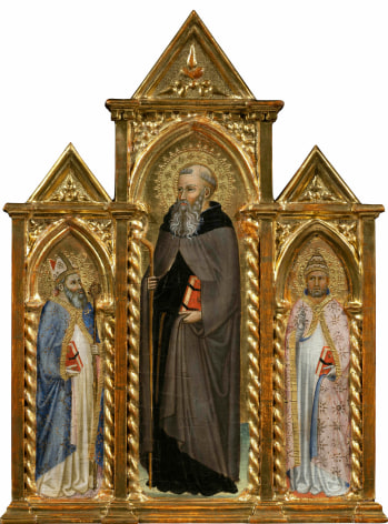 Cecco di Pietro A Saint Bishop, Saint Anthony the Abbot, and a Saint Pope (Gregory the Great?), c. 1375&ndash;1380 Tempera on panel A Saint Bishop: 10 3/4 x 3 1/8 cm; Saint Anthony the Abbot: 14 x 4 11/16 cm; Saint Pope (Gregory the Great?): 10 13/16 x 8 cm