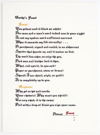 Elaine Reichek Faust and Mephisto, 2016 hand embroidery on linen 41 x 30 inches