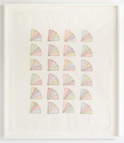 Elaine Reichek Fan Factorial #1, 1977 organdy sewn to Kozoshi paper canvas: 31 x 26 1/2 inches