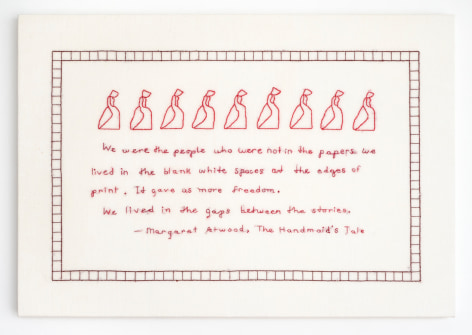 Elaine Reichek We Were the People Who Were Not in the Papers, 2019 hand embroidery on linen 16 x 23 3/4 inches $16,000