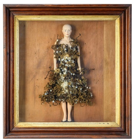 Karin Broker History girl, 2022 porcelain, wire, 1897 Victorian hair dress, antique shadow box 24 x 23 x 5 1/4 inches