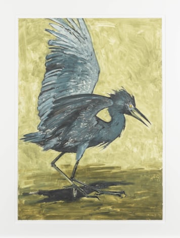 John Alexander  Baby Blue Heron with Gold Background, 2012  monotype from steel and aluminum plates with hand-coloring  paper: 35 1/4 x 25 1/4 inches  frame: 43 1/2 x 33 inches