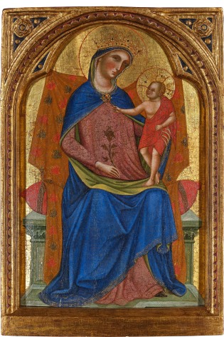 Paolo Veneziano Madonna and Child Enthroned tempera on panel, gold ground, shaped top 33 3/4 x 23 3/8 inches