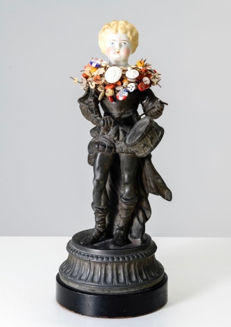 Karin Broker Drumming Girl, 2022 cast metal, porcelain, buttons, DAR buttons, wire 13 1/2 x 5 1/2 x 5 1/2 inches