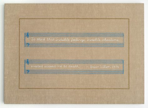 Elaine Reichek Invisible Vibrations, 2016 hand embroidery with glow-in-the-dark thread on linen 16 x 22 3/8 inches