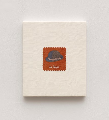 Elaine Reichek,  Swatch, Magritte, 2006,  digital embroidery on linen,  12 x 10 inches,  edition of 3