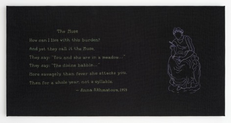 Elaine Reichek The Muse (Akhmatova), 2018 hand embroidery on linen 14 1/8 x 28 inches