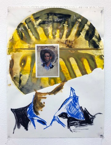 Shane Tolbert Source Cowboy, 2022 acrylic, oil stick, postcard on paper paper: 24 3/8 x 18 inches frame: 31 3/4 x 25 5/8 inches
