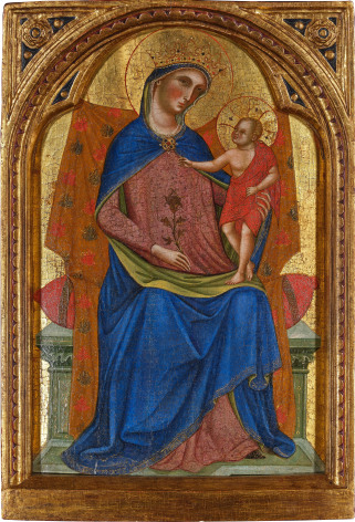 Paolo Veneziano Madonna and Child Enthroned tempera on panel, gold ground, shaped top 33 3/4 x 23 3/8 inches