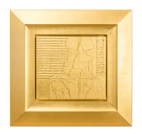 Christian Eckart,  Craquelure Detail Painting #1, 2017,  23 karat gold leaf on birch panel and unique aluminum extrusion,  26 1/2 x 27 1/2 x 2 1/2 inches