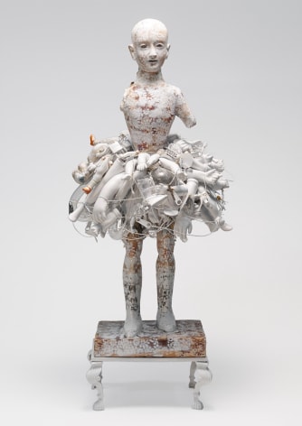 Karin Broker Untitled, 2020 18th c. figure, paint, glass, ceramics, metal base, buttons, wire 29 1/2 x 13 x 12 inches