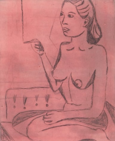 Tal R  Girl Smoking (#9 from series of 12), 2014  line etching on somerset 400 gr.  image: 7 3/4 x 7 1/8 inches  paper: 17 1/8 x 14 1/2 inches  frame: 18 3/4 x 16 1/2 inches  6, Edition of 24