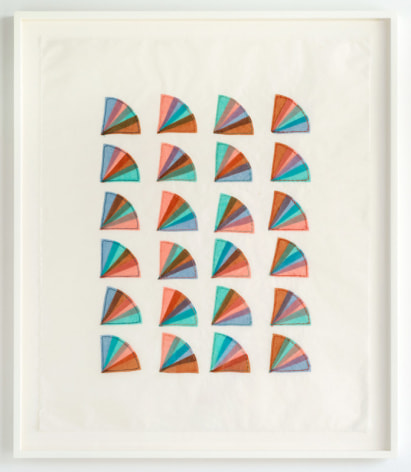Elaine Reichek Fan Factorial #6, 1977 organdy sewn to Kozoshi paper canvas: 31 x 26 1/2 inches